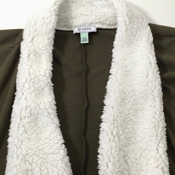 SUSINA Olive Green Faux Fur Trimmed Shawl Collar Draped Open Front Cardigan - Picture 10 of 12